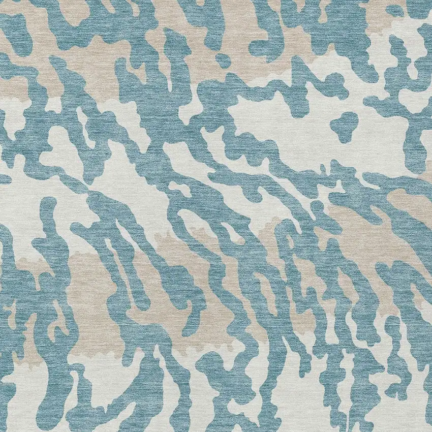 Teal Blue Beige And Ivory Animal Print Washable Indoor Outdoor Area Rug Photo 6