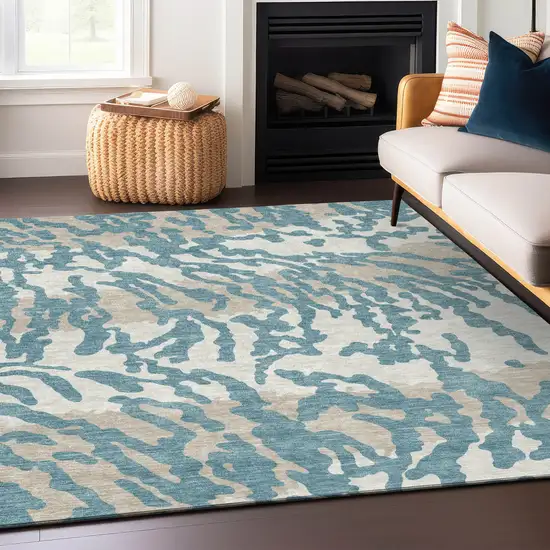 Teal Blue Beige And Ivory Animal Print Washable Indoor Outdoor Area Rug Photo 8