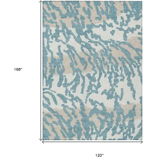 Teal Blue Beige And Ivory Animal Print Washable Indoor Outdoor Area Rug Photo 3