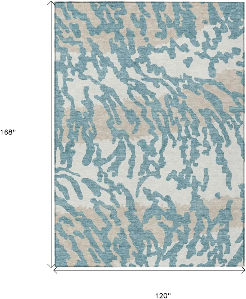 Teal Blue Beige And Ivory Animal Print Washable Indoor Outdoor Area Rug Photo 3