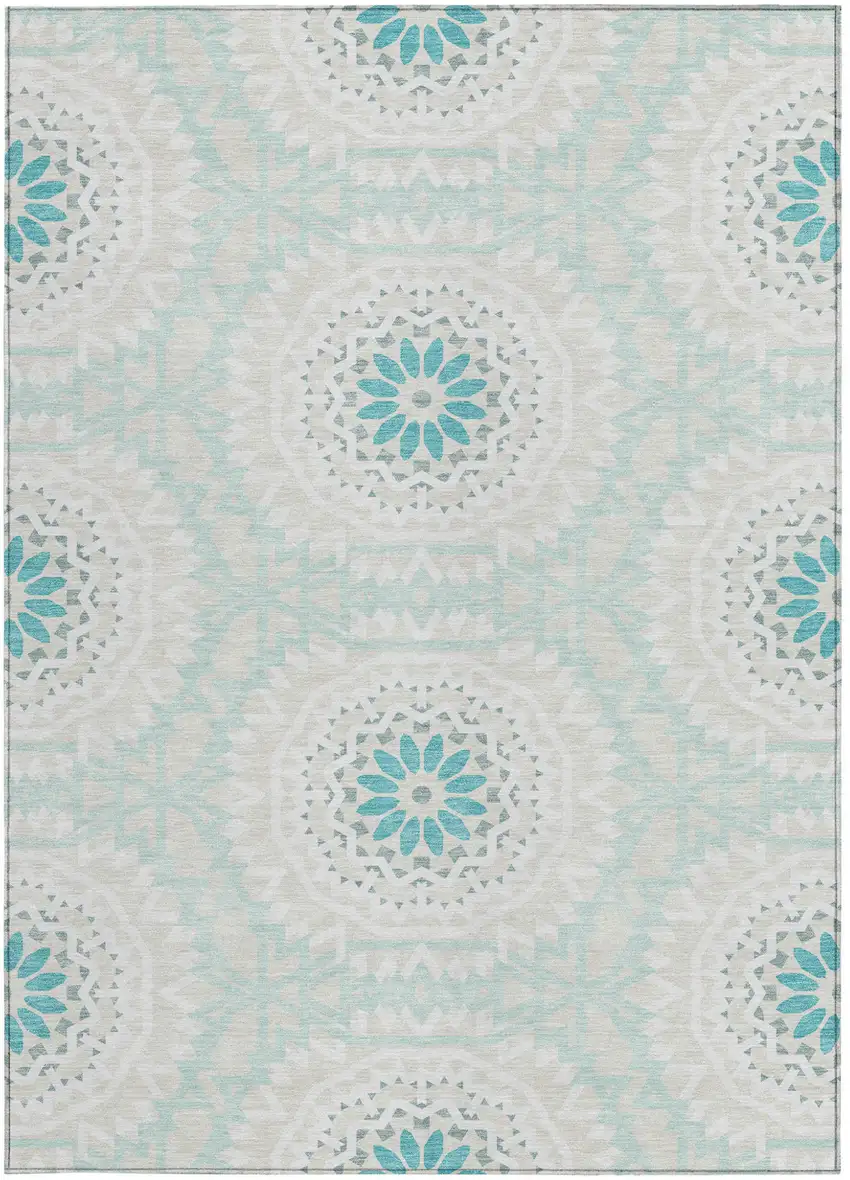 Teal Blue Beige And Ivory Floral Medallion Washable Indoor Outdoor Area Rug Photo 6