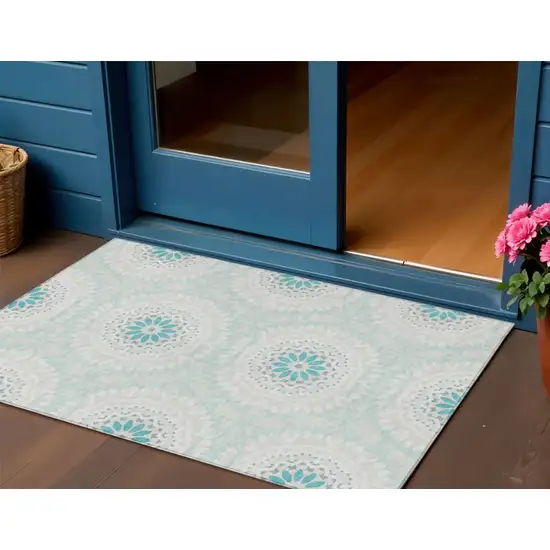 Teal Blue Beige And Ivory Floral Medallion Washable Indoor Outdoor Area Rug Photo 1