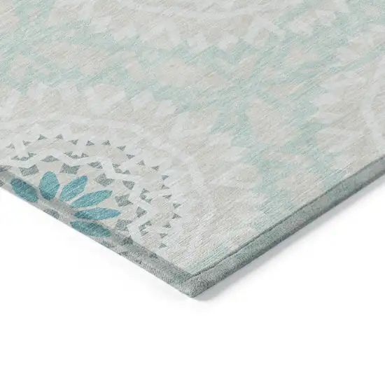 Teal Blue Beige And Ivory Floral Medallion Washable Indoor Outdoor Area Rug Photo 4