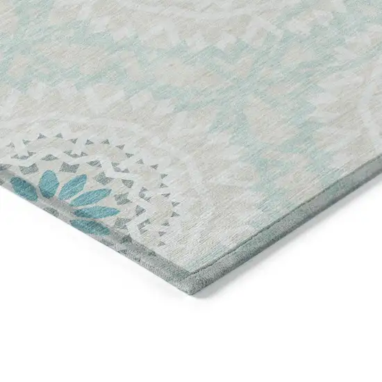 Teal Blue Beige And Ivory Floral Medallion Washable Indoor Outdoor Area Rug Photo 4