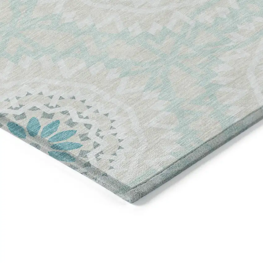 Teal Blue Beige And Ivory Floral Medallion Washable Indoor Outdoor Area Rug Photo 4