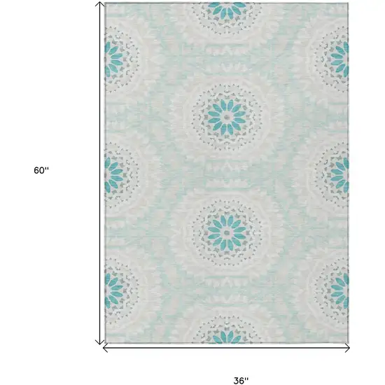 Teal Blue Beige And Ivory Floral Medallion Washable Indoor Outdoor Area Rug Photo 3