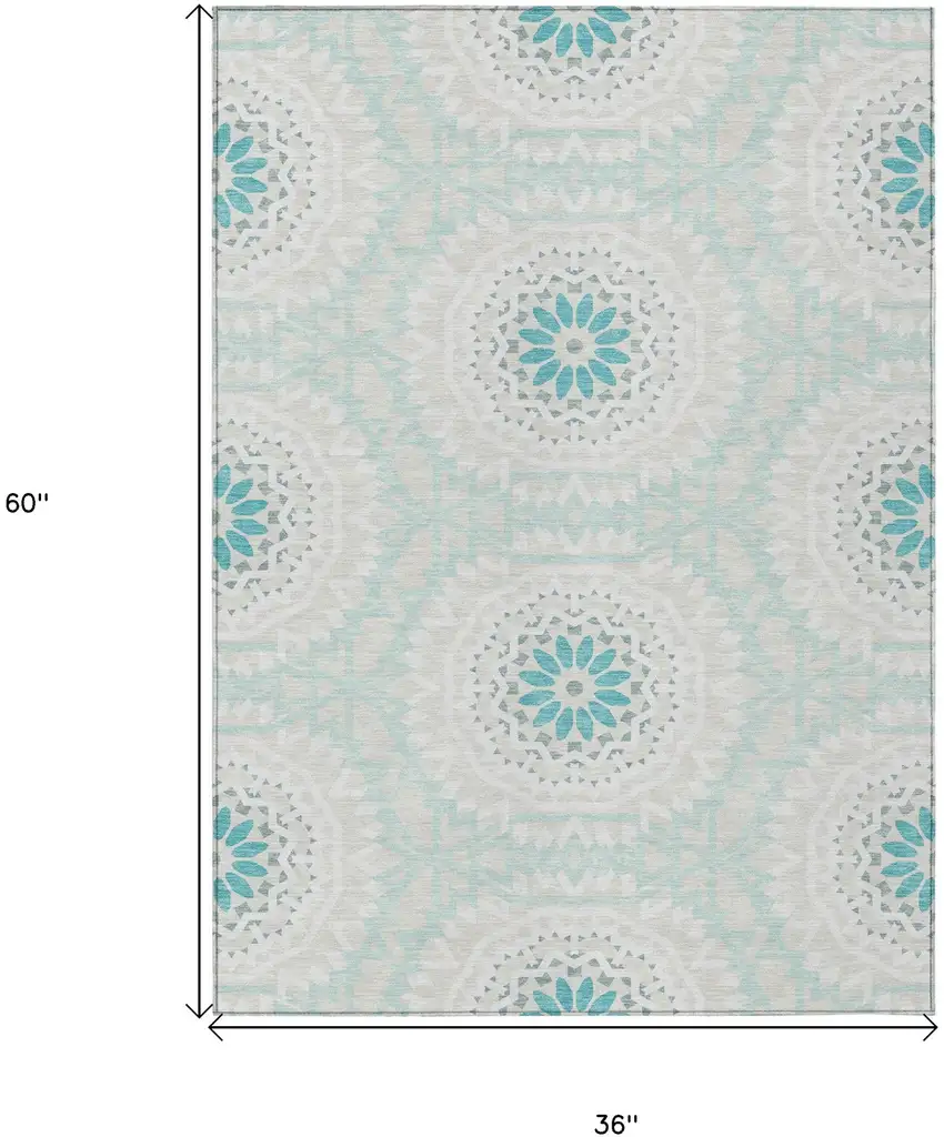 Teal Blue Beige And Ivory Floral Medallion Washable Indoor Outdoor Area Rug Photo 3