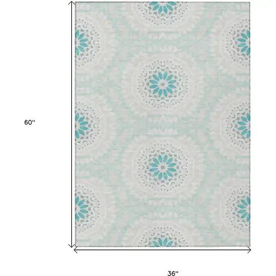 Teal Blue Beige And Ivory Floral Medallion Washable Indoor Outdoor Area Rug Photo 3