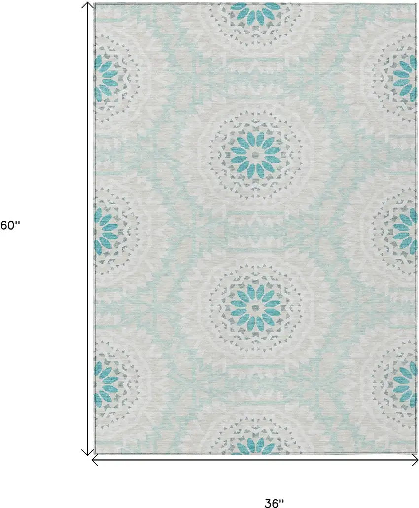 Teal Blue Beige And Ivory Floral Medallion Washable Indoor Outdoor Area Rug Photo 3
