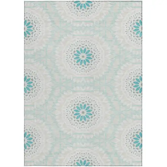 Teal Blue Beige And Ivory Floral Medallion Washable Indoor Outdoor Area Rug Photo 6