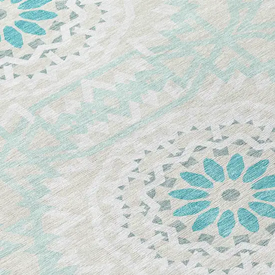 Teal Blue Beige And Ivory Floral Medallion Washable Indoor Outdoor Area Rug Photo 5