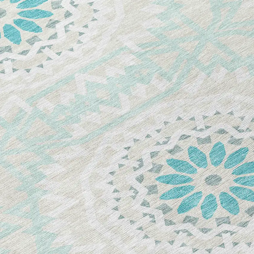 Teal Blue Beige And Ivory Floral Medallion Washable Indoor Outdoor Area Rug Photo 5