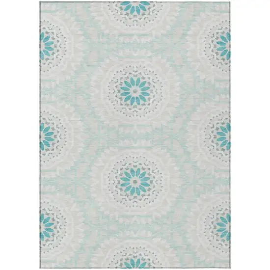 Teal Blue Beige And Ivory Floral Medallion Washable Indoor Outdoor Area Rug Photo 2