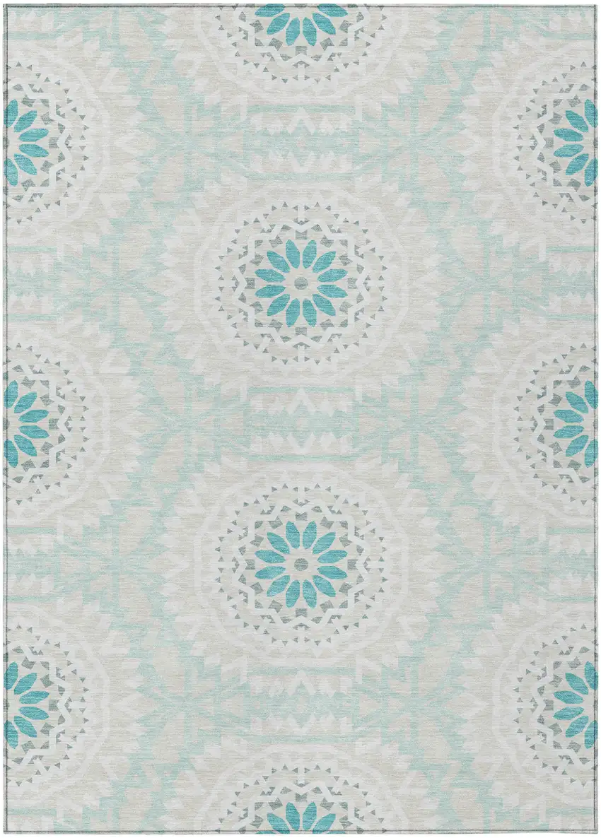 Teal Blue Beige And Ivory Floral Medallion Washable Indoor Outdoor Area Rug Photo 2