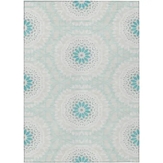 Teal Blue Beige And Ivory Floral Medallion Washable Indoor Outdoor Area Rug Photo 2