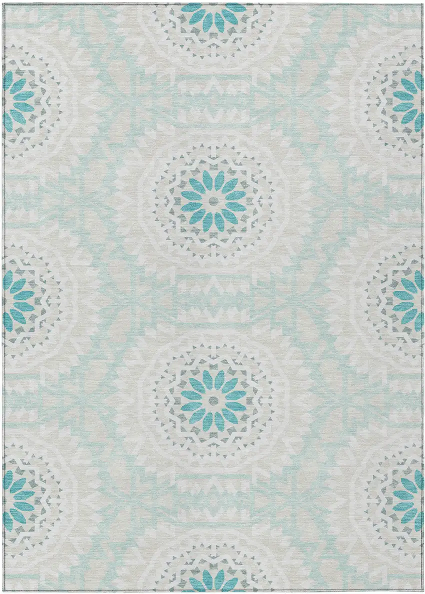 Teal Blue Beige And Ivory Floral Medallion Washable Indoor Outdoor Area Rug Photo 2