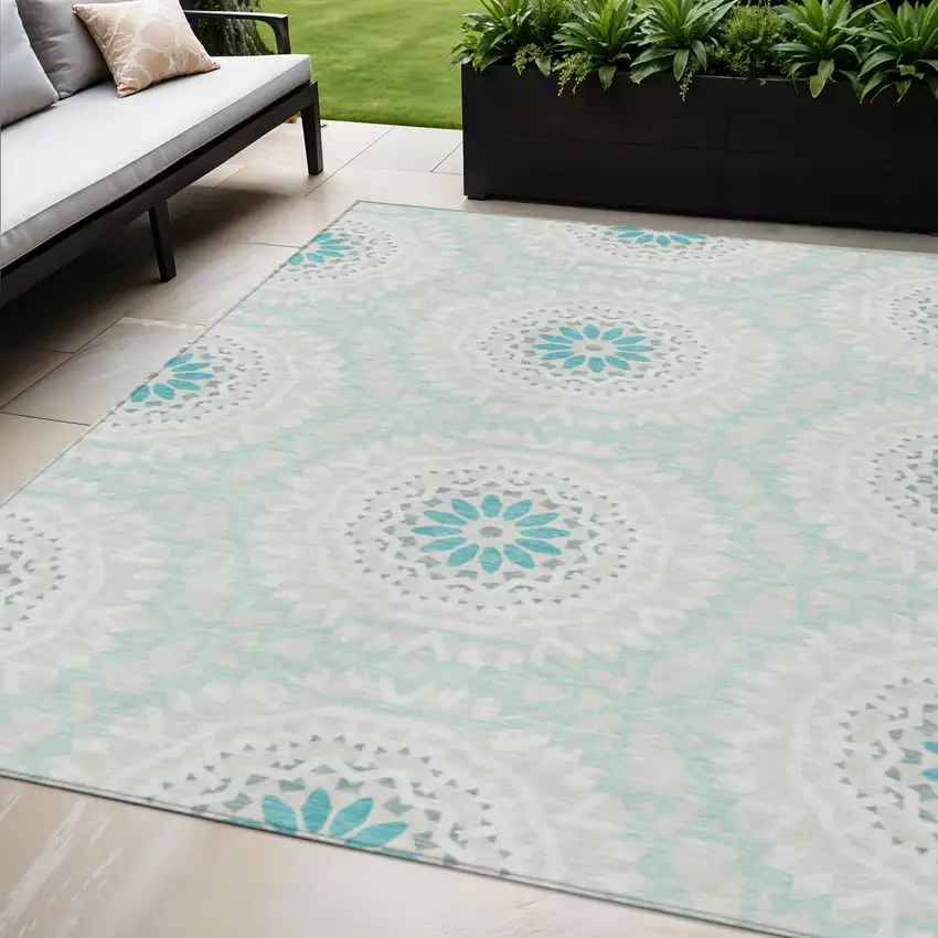 Teal Blue Beige And Ivory Floral Medallion Washable Indoor Outdoor Area Rug Photo 1