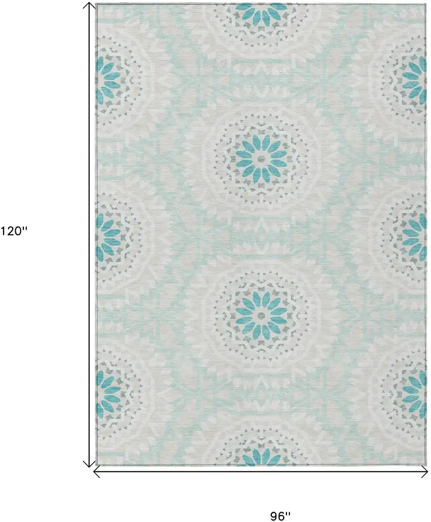 Teal Blue Beige And Ivory Floral Medallion Washable Indoor Outdoor Area Rug Photo 3