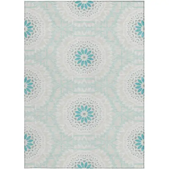 Teal Blue Beige And Ivory Floral Medallion Washable Indoor Outdoor Area Rug Photo 6