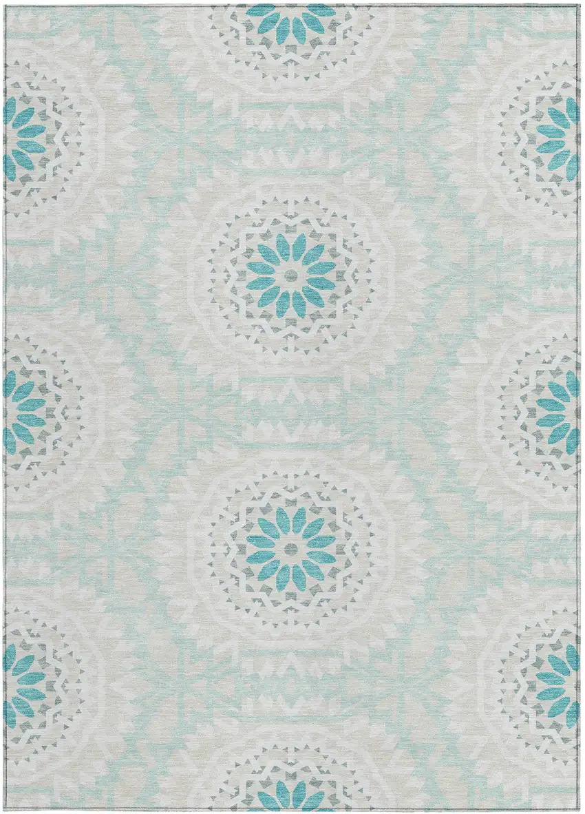 Teal Blue Beige And Ivory Floral Medallion Washable Indoor Outdoor Area Rug Photo 6
