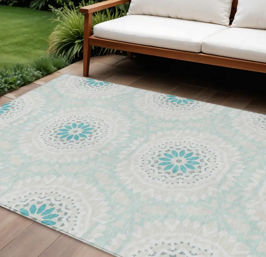 Teal Blue Beige And Ivory Floral Medallion Washable Indoor Outdoor Area Rug Photo 1