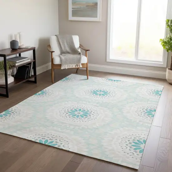 Teal Blue Beige And Ivory Floral Medallion Washable Indoor Outdoor Area Rug Photo 8