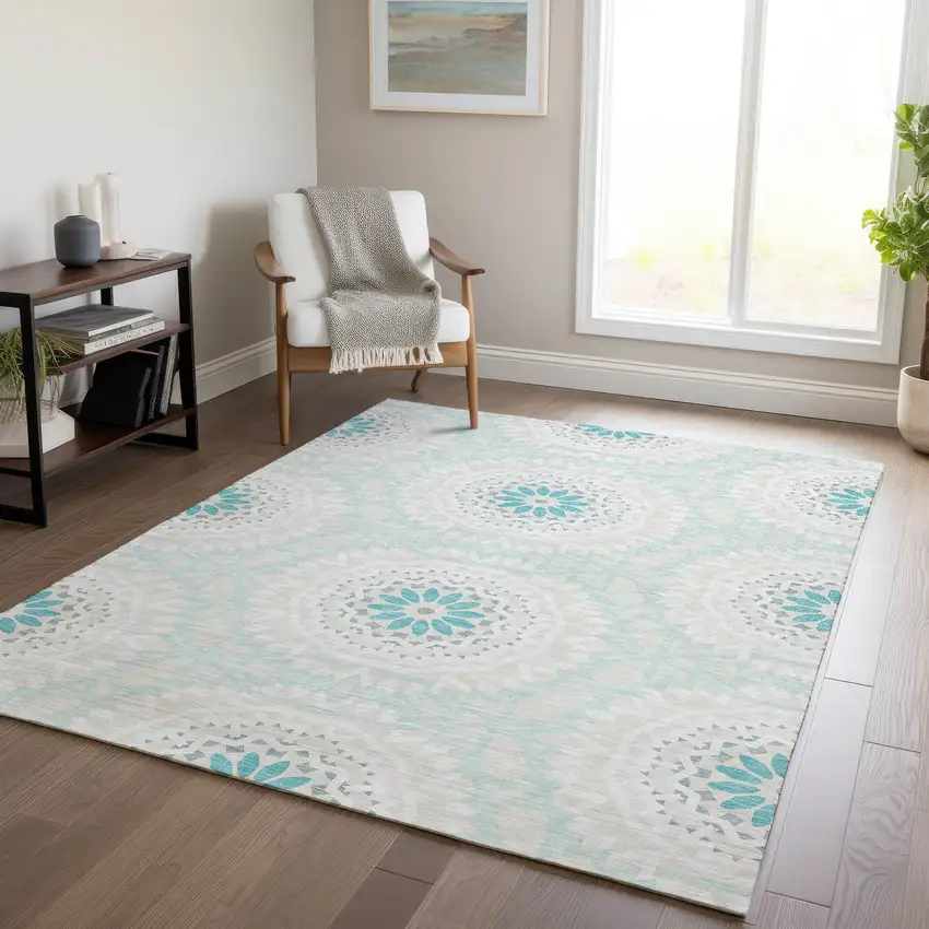 Teal Blue Beige And Ivory Floral Medallion Washable Indoor Outdoor Area Rug Photo 8