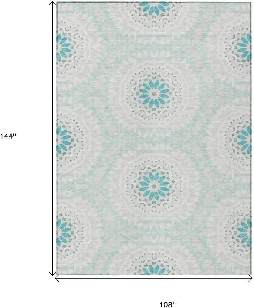 Teal Blue Beige And Ivory Floral Medallion Washable Indoor Outdoor Area Rug Photo 3