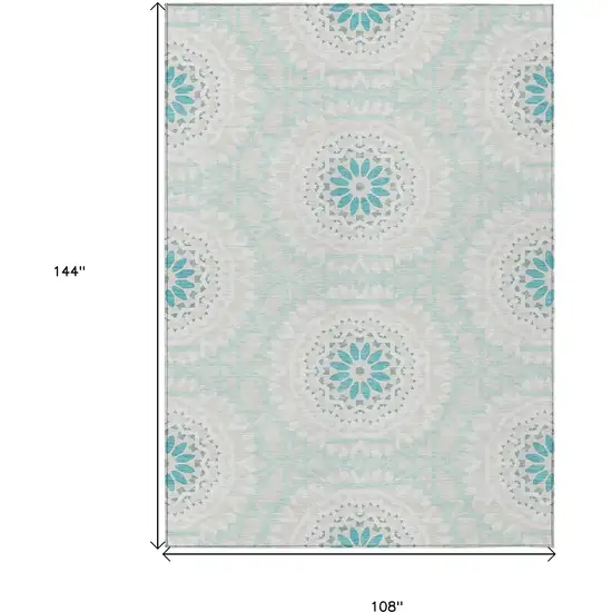 Teal Blue Beige And Ivory Floral Medallion Washable Indoor Outdoor Area Rug Photo 3