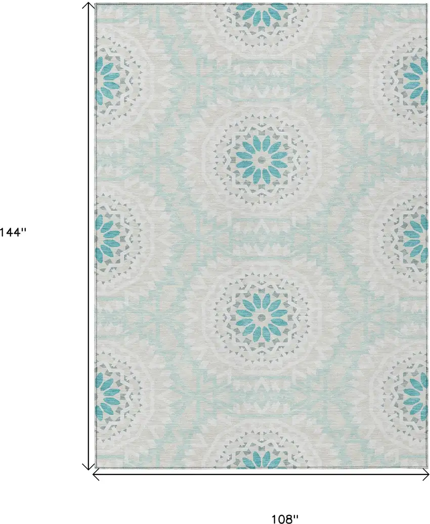 Teal Blue Beige And Ivory Floral Medallion Washable Indoor Outdoor Area Rug Photo 3