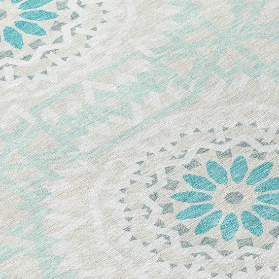 Teal Blue Beige And Ivory Floral Medallion Washable Indoor Outdoor Area Rug Photo 5