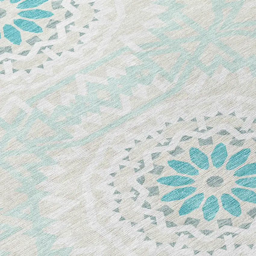 Teal Blue Beige And Ivory Floral Medallion Washable Indoor Outdoor Area Rug Photo 5