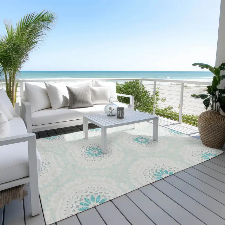 Teal Blue Beige And Ivory Floral Medallion Washable Indoor Outdoor Area Rug Photo 9