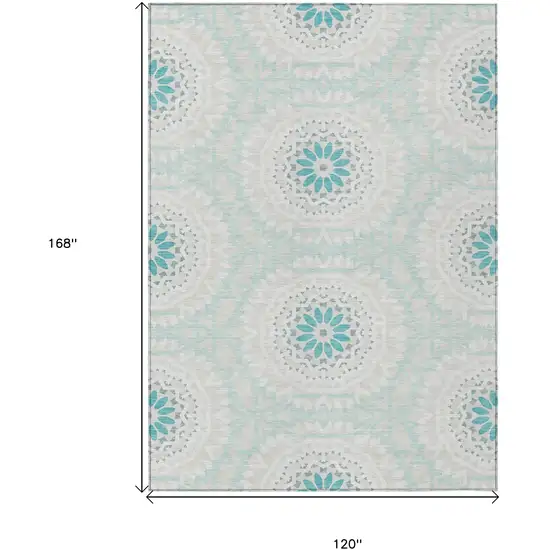 Teal Blue Beige And Ivory Floral Medallion Washable Indoor Outdoor Area Rug Photo 3