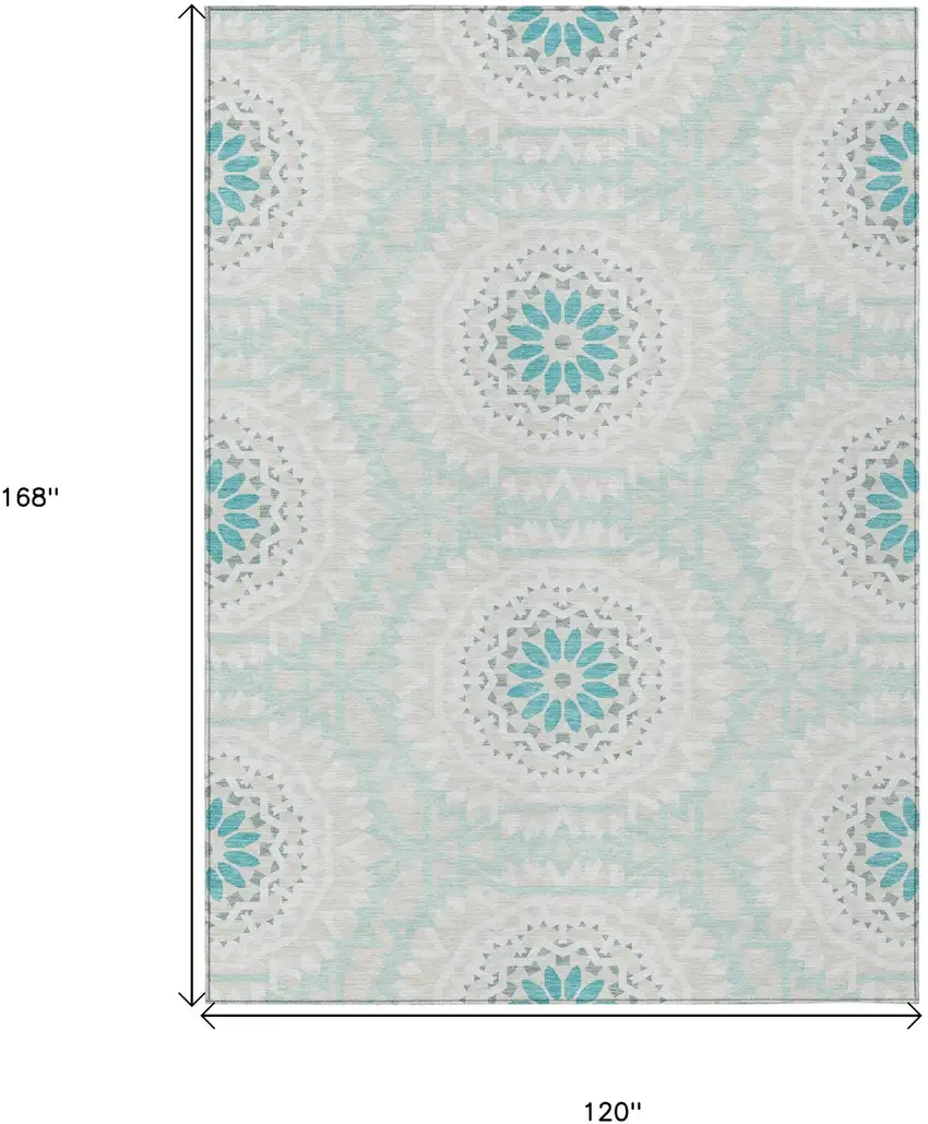 Teal Blue Beige And Ivory Floral Medallion Washable Indoor Outdoor Area Rug Photo 3