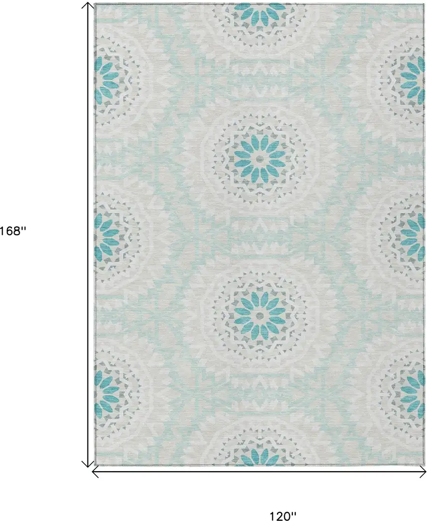 Teal Blue Beige And Ivory Floral Medallion Washable Indoor Outdoor Area Rug Photo 3