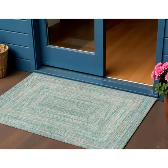 Teal Blue Beige And Ivory Geometric Washable Indoor Outdoor Area Rug Photo 2