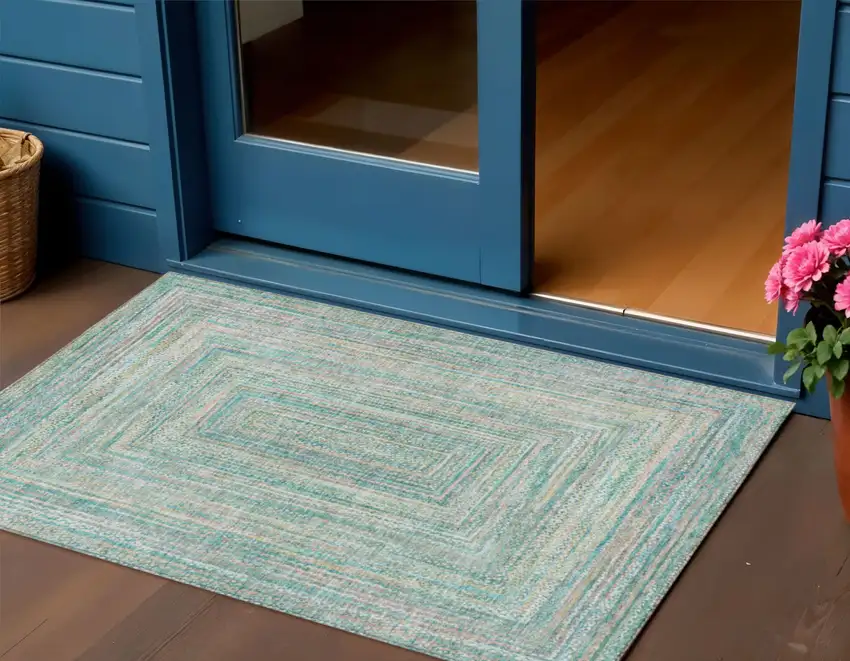 Teal Blue Beige And Ivory Geometric Washable Indoor Outdoor Area Rug Photo 2