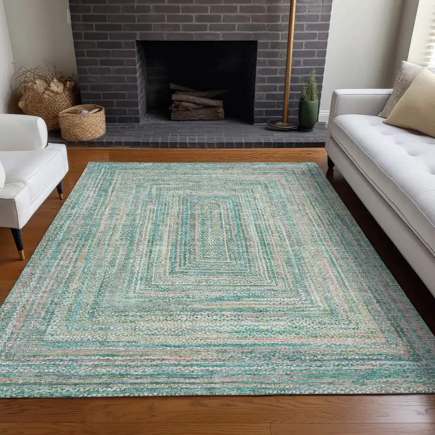 Teal Blue Beige And Ivory Geometric Washable Indoor Outdoor Area Rug Photo 9