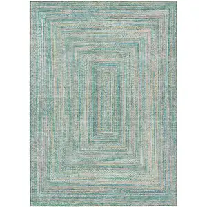 Photo of Teal Blue Beige And Ivory Geometric Washable Indoor Outdoor Area Rug