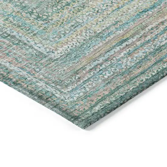 Teal Blue Beige And Ivory Geometric Washable Indoor Outdoor Area Rug Photo 4