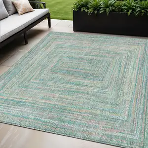 Photo of Teal Blue Beige And Ivory Geometric Washable Indoor Outdoor Area Rug