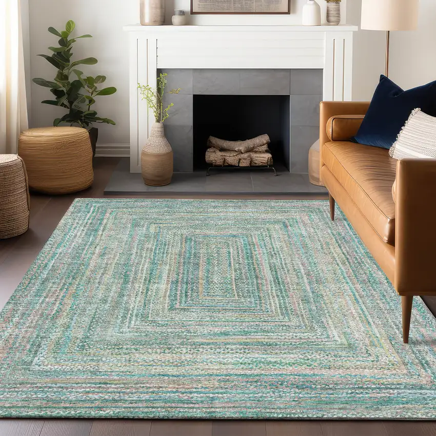 Teal Blue Beige And Ivory Geometric Washable Indoor Outdoor Area Rug Photo 6