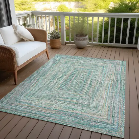 Teal Blue Beige And Ivory Geometric Washable Indoor Outdoor Area Rug Photo 5