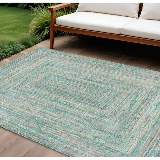 Teal Blue Beige And Ivory Geometric Washable Indoor Outdoor Area Rug Photo 2