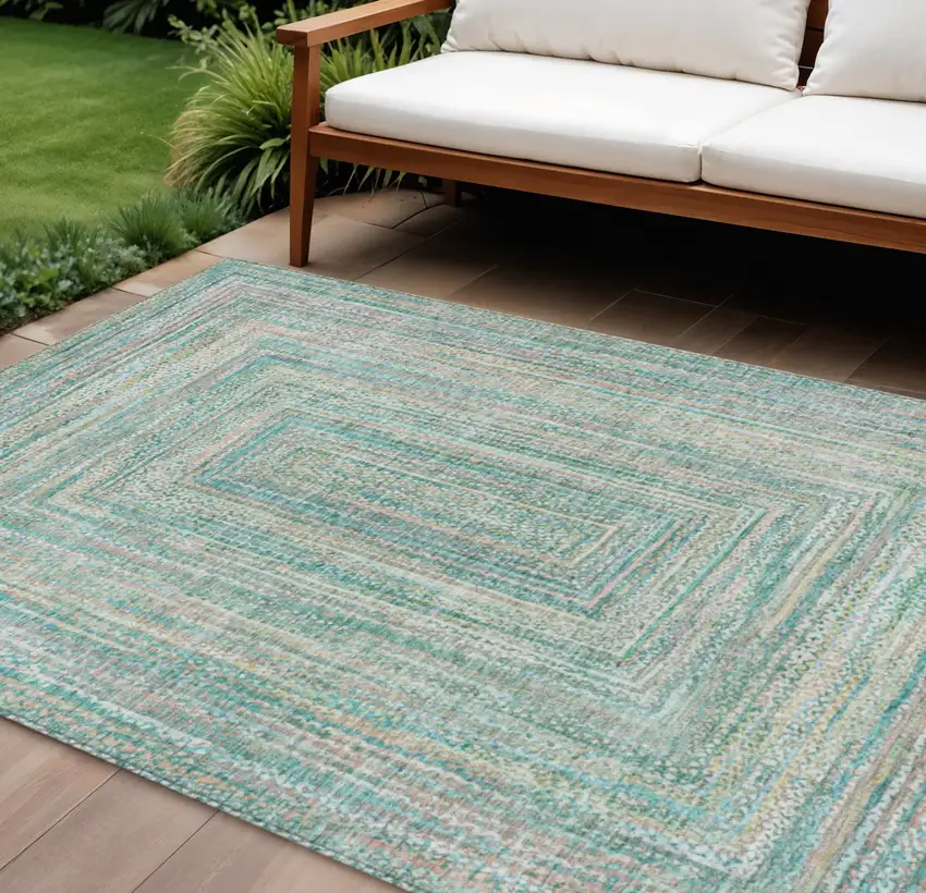 Teal Blue Beige And Ivory Geometric Washable Indoor Outdoor Area Rug Photo 2