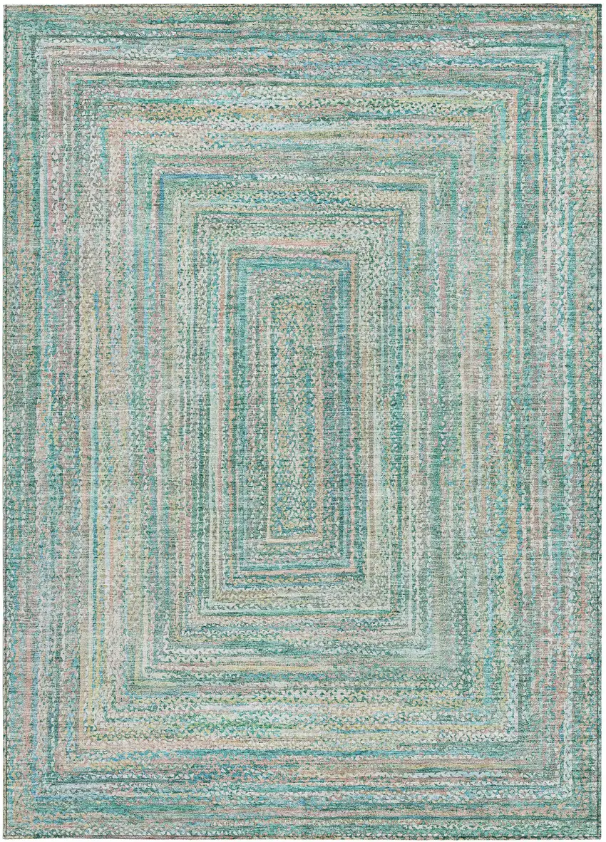 Teal Blue Beige And Ivory Geometric Washable Indoor Outdoor Area Rug Photo 4