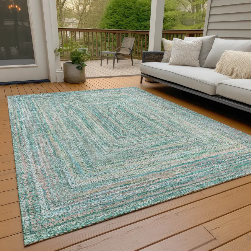 Teal Blue Beige And Ivory Geometric Washable Indoor Outdoor Area Rug Photo 8