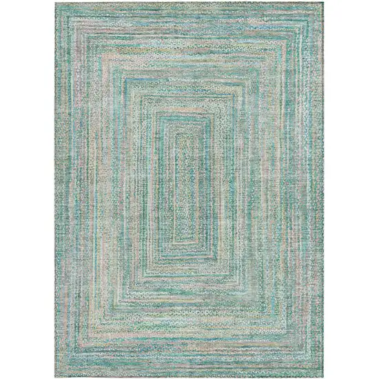 Teal Blue Beige And Ivory Geometric Washable Indoor Outdoor Area Rug Photo 4
