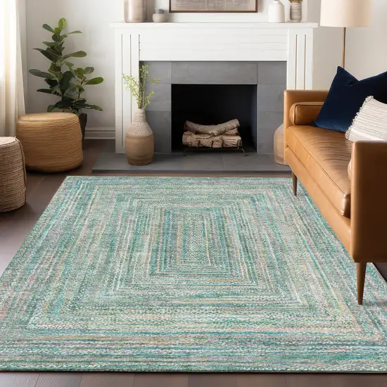 Teal Blue Beige And Ivory Geometric Washable Indoor Outdoor Area Rug Photo 6